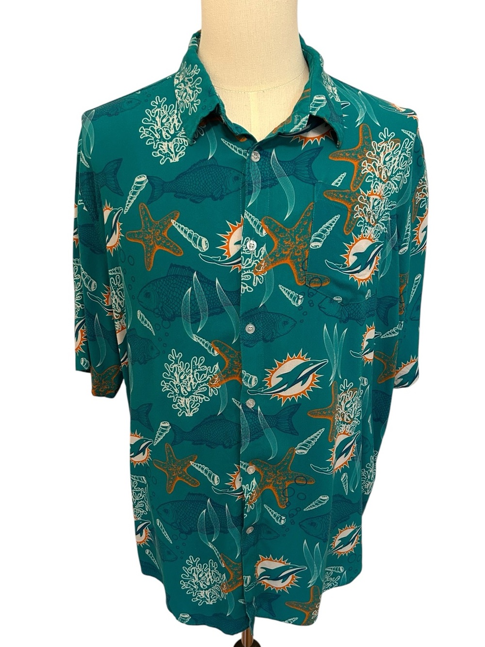 NFL TEAM APPAREL Miami‎ Dolphins Hawaiian Camp Shirt Viscose Ocean Print Men 2XL